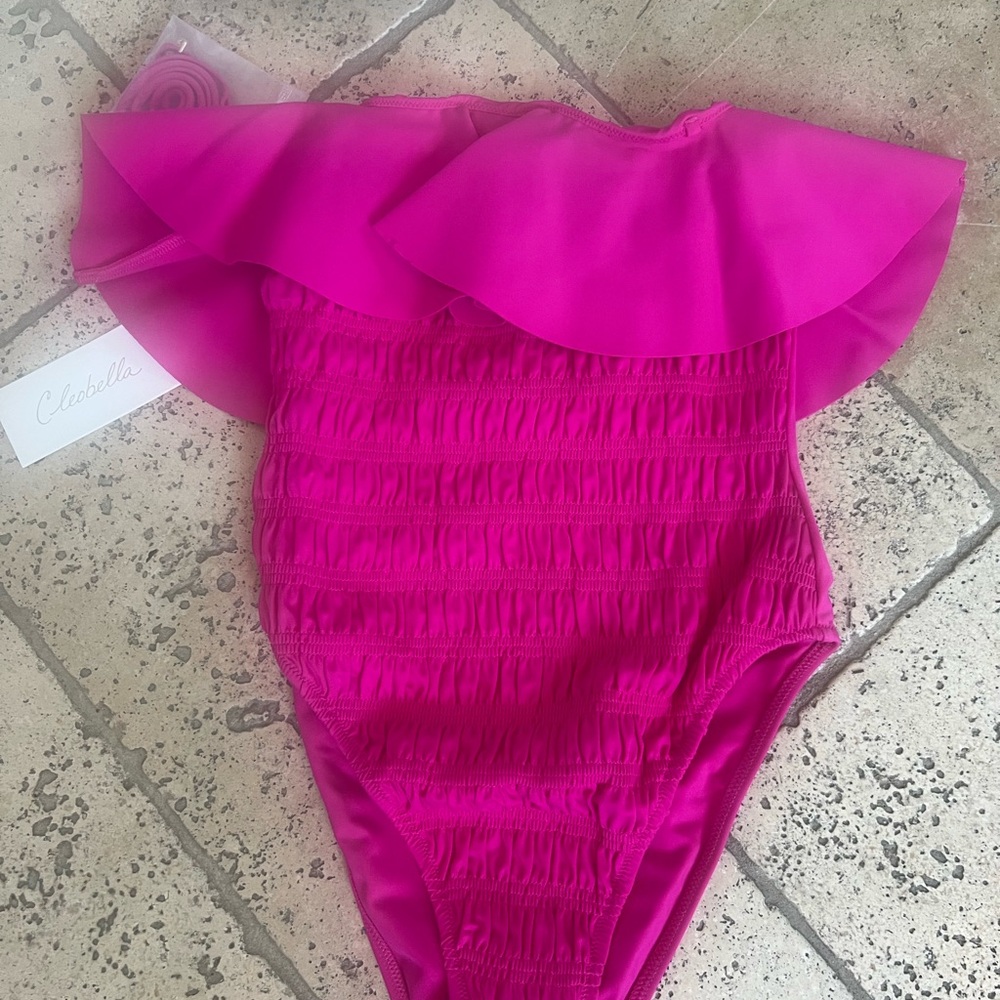 NWT Cleobella Amelia Smocked Ruffle One Piece Swimsuit Magenta Pink XS Vacation